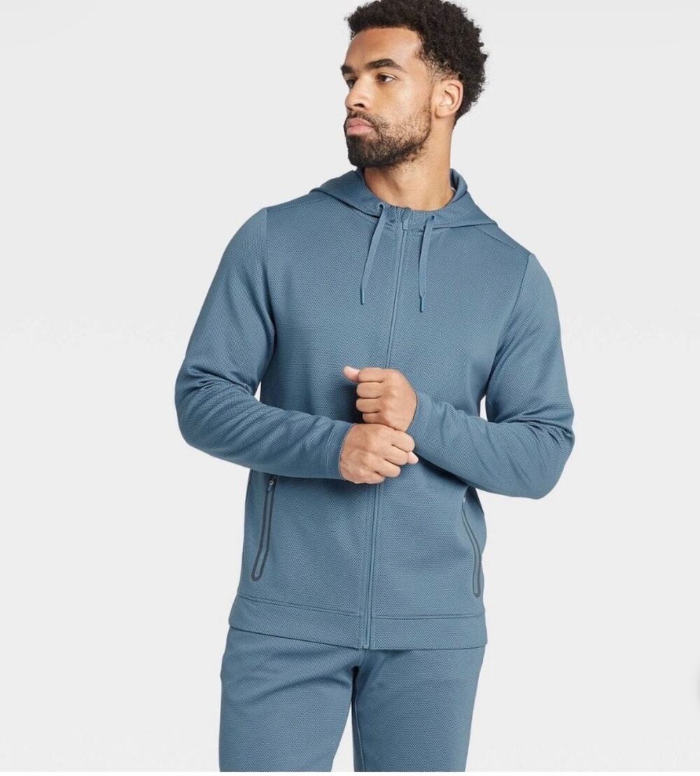 All in Motion Men's Textured Fleece Full-Zip Hoodie Sz M Blue Gray Activewear